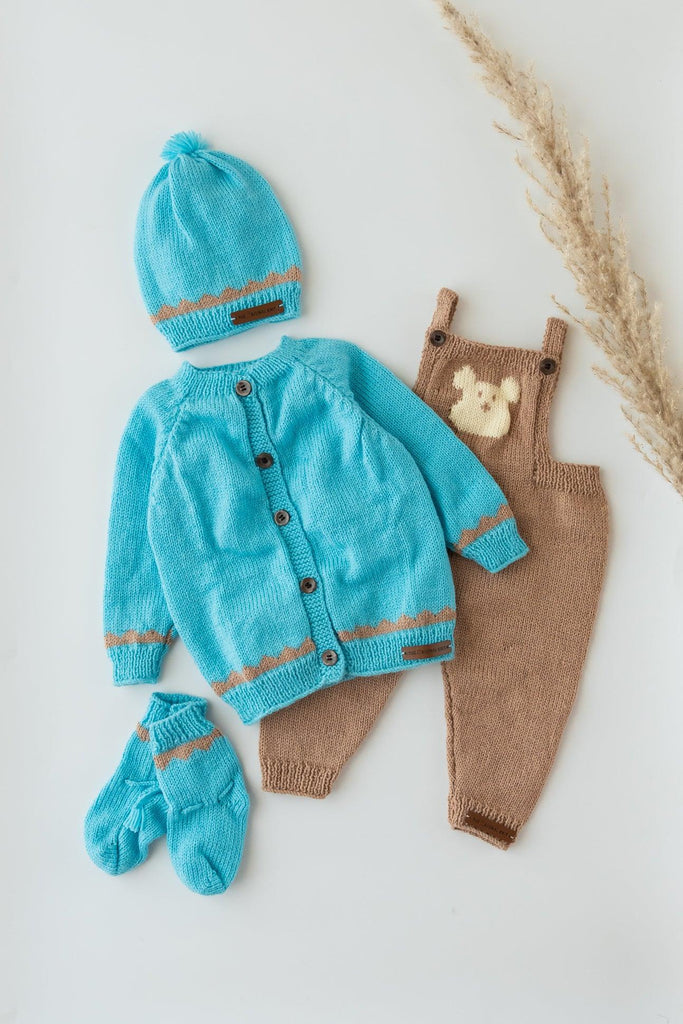 Teddy Design Handmade Dungaree Set- Beige & Blue - The Original Knit