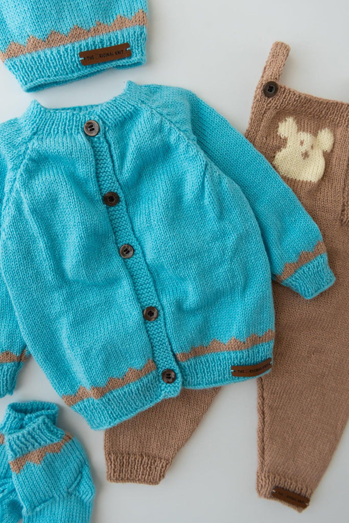 Teddy Design Handmade Dungaree Set- Beige & Blue - The Original Knit