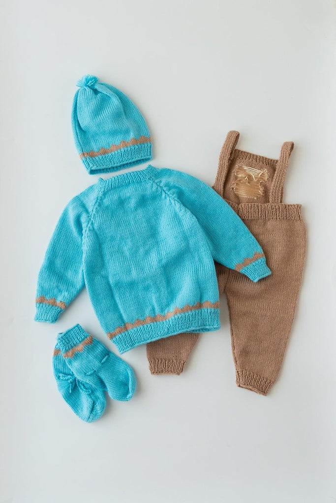 Teddy Design Handmade Dungaree Set- Beige & Blue - The Original Knit