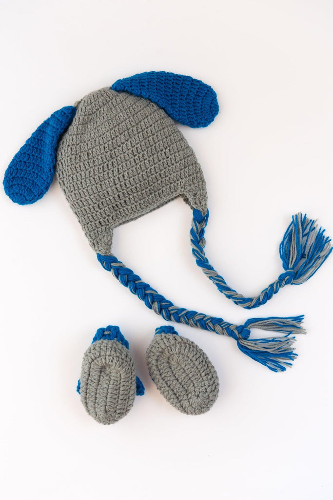 Puppy Crochet Cap & Booties- Grey & Blue - The Original Knit