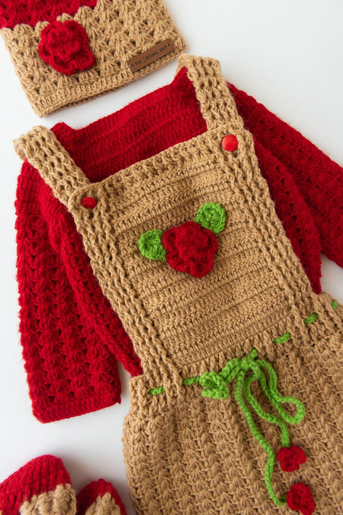 Girls Flower Embellished Handmade Frock Set- Beige & Red - The Original Knit
