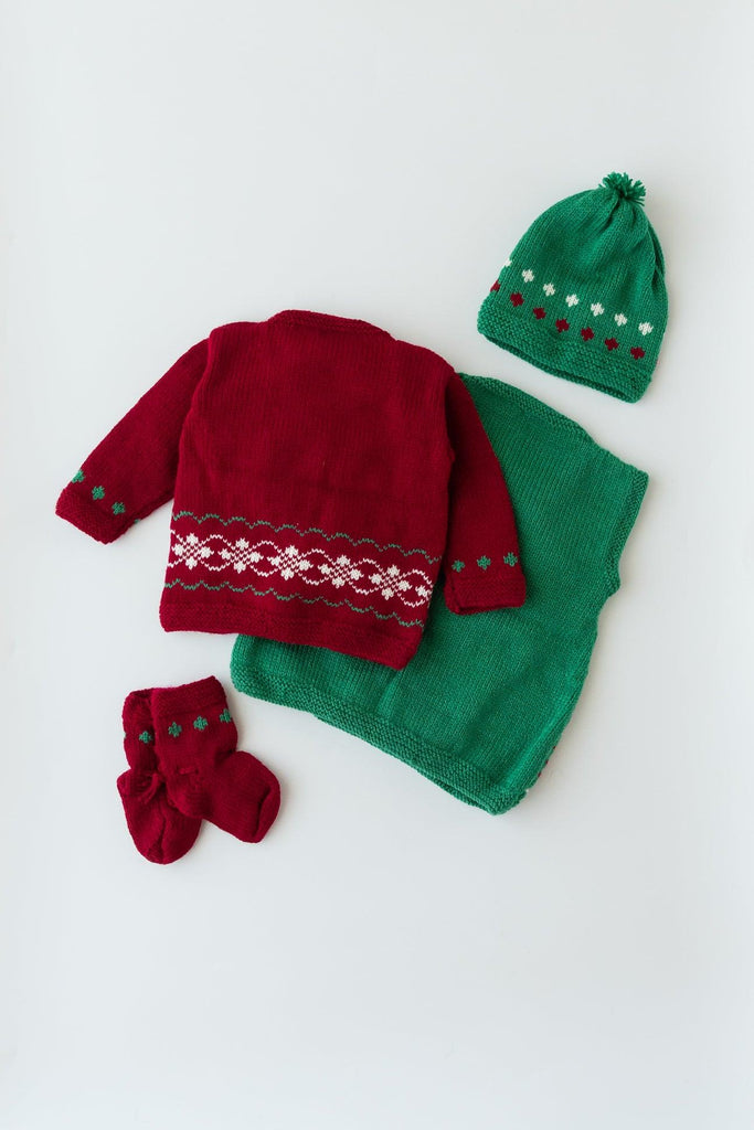 Self Design Handmade Frock Set- Green & Red - The Original Knit
