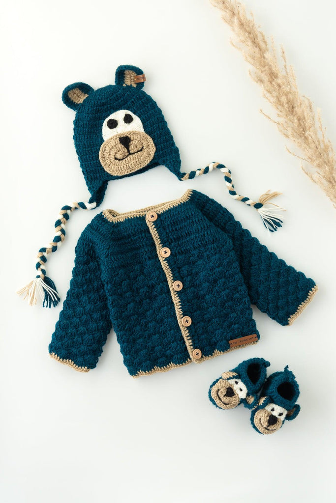 Teddy Sweater Set with Cap & Booties- Blue - The Original Knit