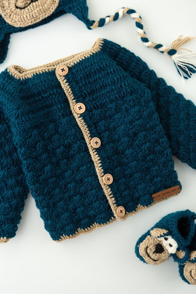 Teddy Sweater Set with Cap & Booties- Blue - The Original Knit