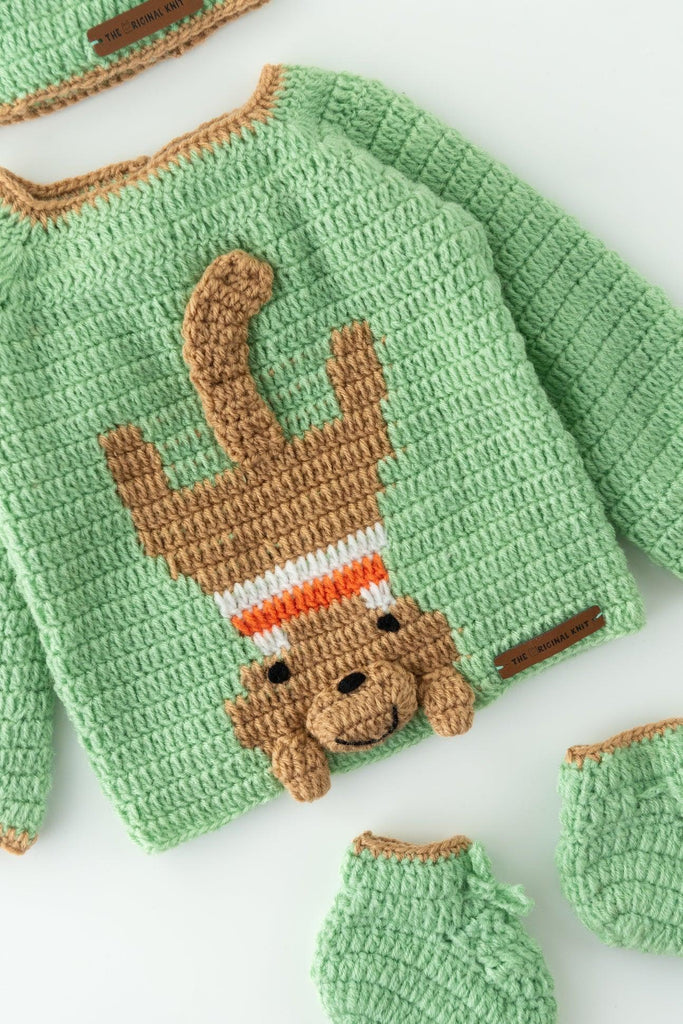 Monkey Design Handmade Sweater Set- Light Green - The Original Knit