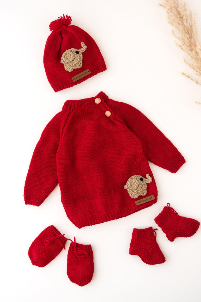 Elephant Patch Handmade Sweater Set- Red - The Original Knit