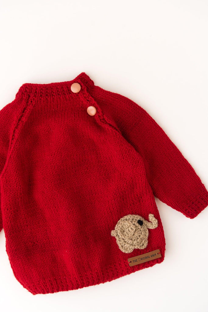 Elephant Patch Handmade Sweater Set- Red - The Original Knit