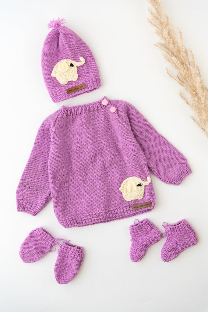 Unisex Kids Elephant Patch Handmade Sweater Set- Mauve - The Original Knit