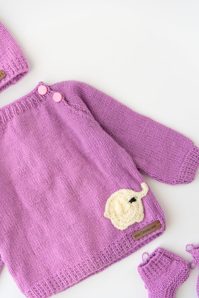 Unisex Kids Elephant Patch Handmade Sweater Set- Mauve - The Original Knit