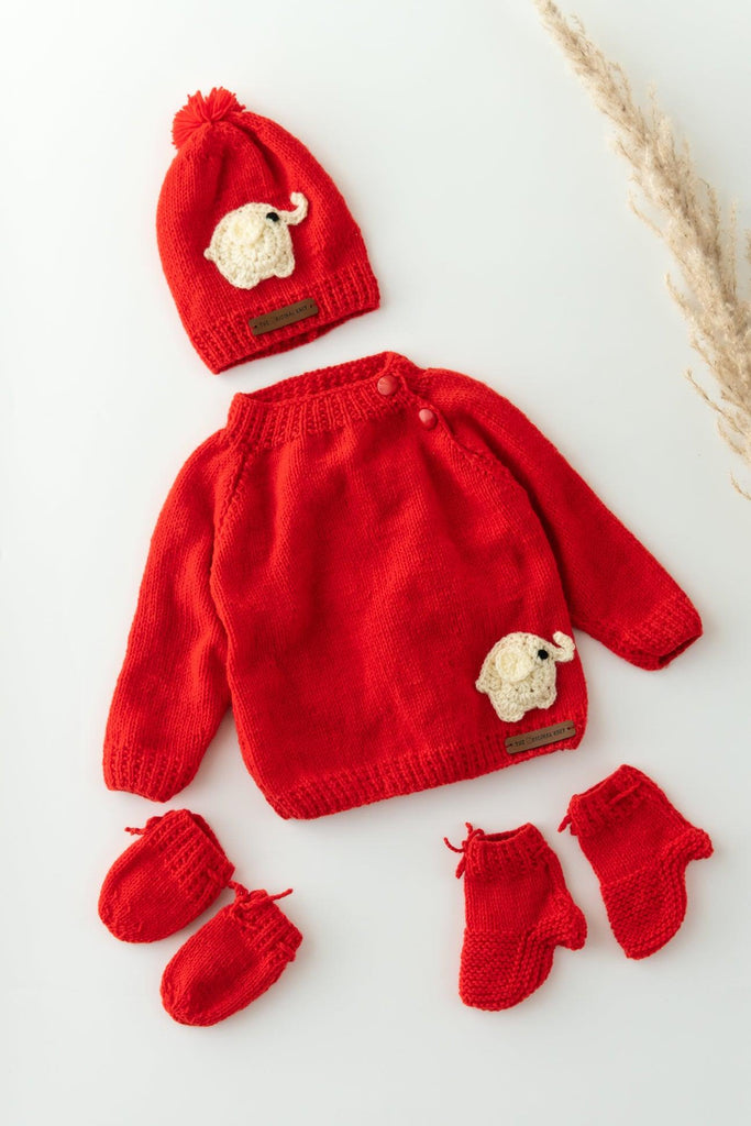 Elephant Patch Handmade Sweater Set- Red - The Original Knit