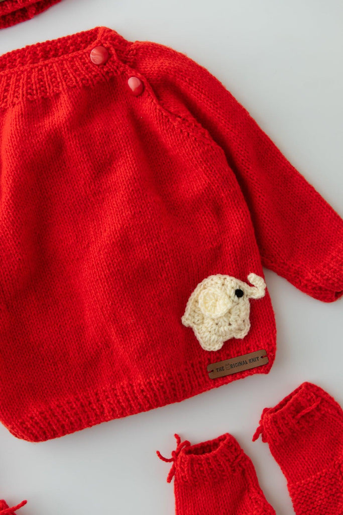 Elephant Patch Handmade Sweater Set- Red - The Original Knit