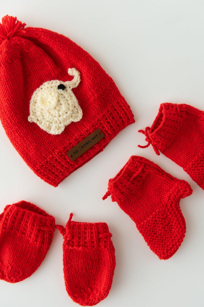 Elephant Patch Handmade Sweater Set- Red - The Original Knit