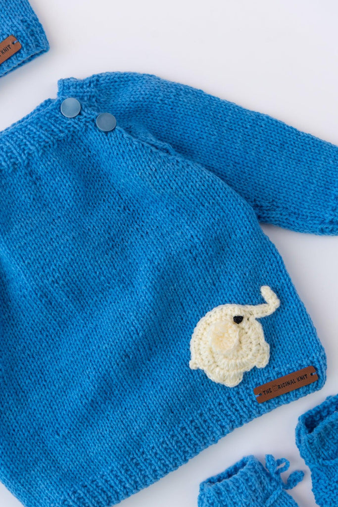 Elephant Patch Handmade Sweater Set- Blue - The Original Knit