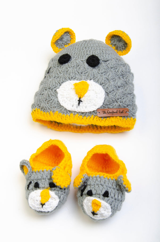 Handmade Teddy Cap & Booties- Grey & Yellow - The Original Knit