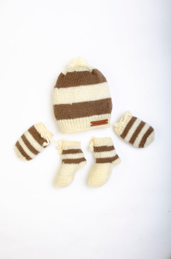 Handmade Striped Cap, Mittens & Socks- Brown & Off White - The Original Knit