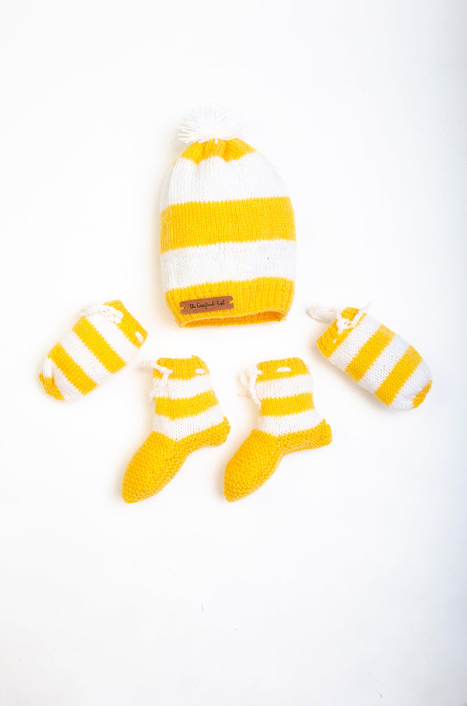 Striped Handmade Cap, Mittens & Socks- White & Yellow - The Original Knit