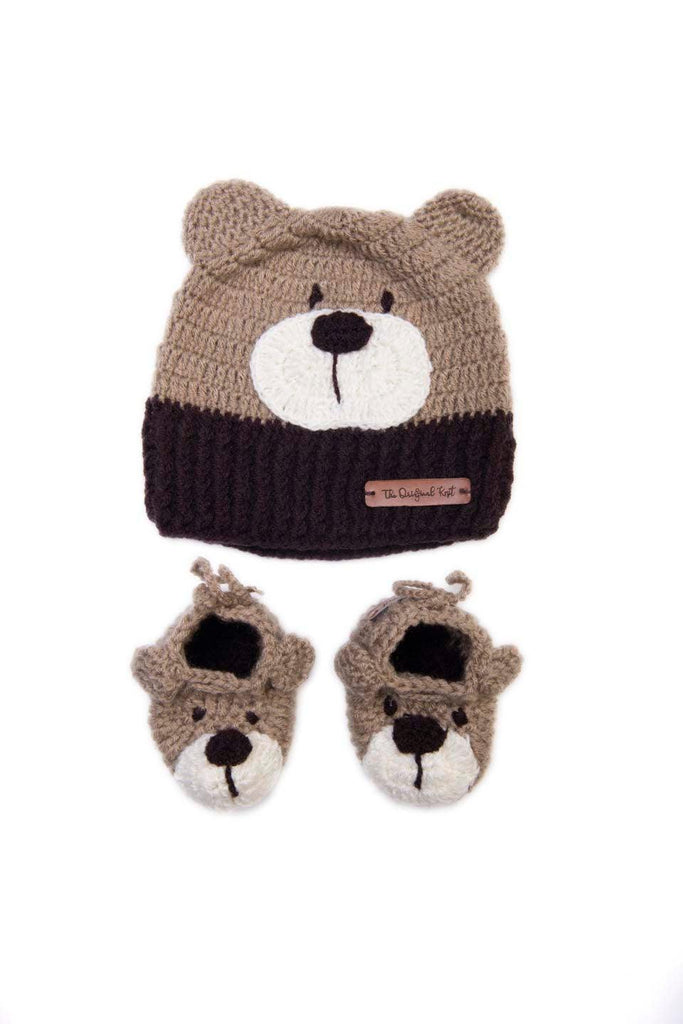Handmade Teddy Cap & Booties- Beige & Brown - The Original Knit