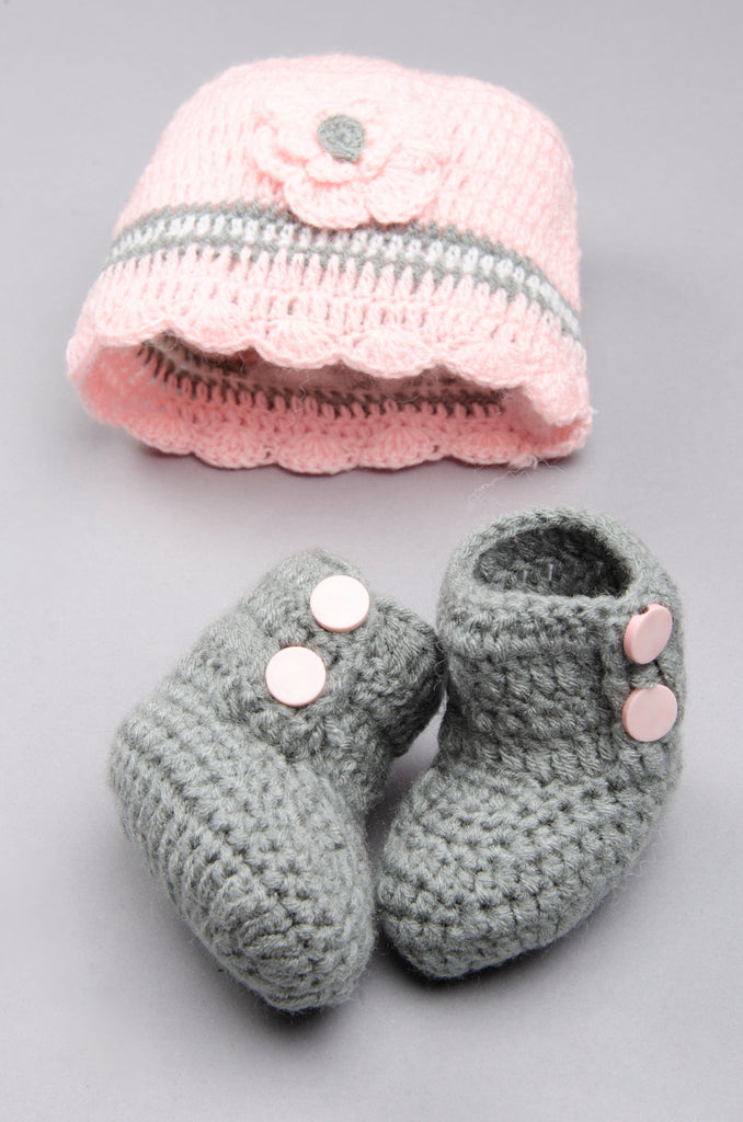Flower Embellished Cap & Booties- Pink & Grey - The Original Knit