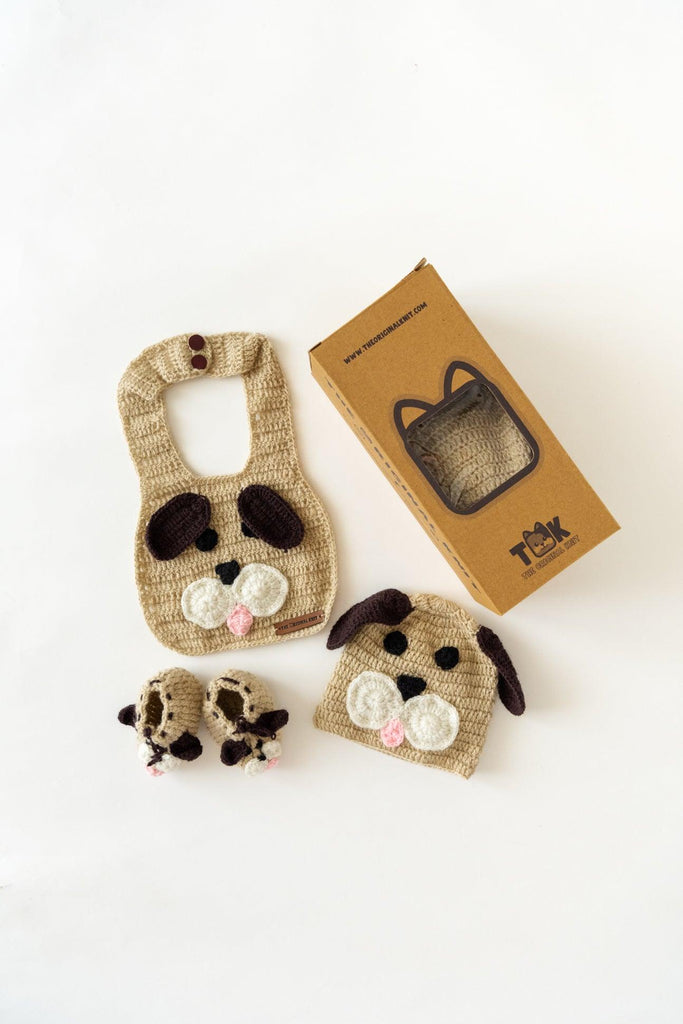 Curated Beige & Brown Cute Puppy Baby Gift Box set(Set Of 3) - The Original Knit