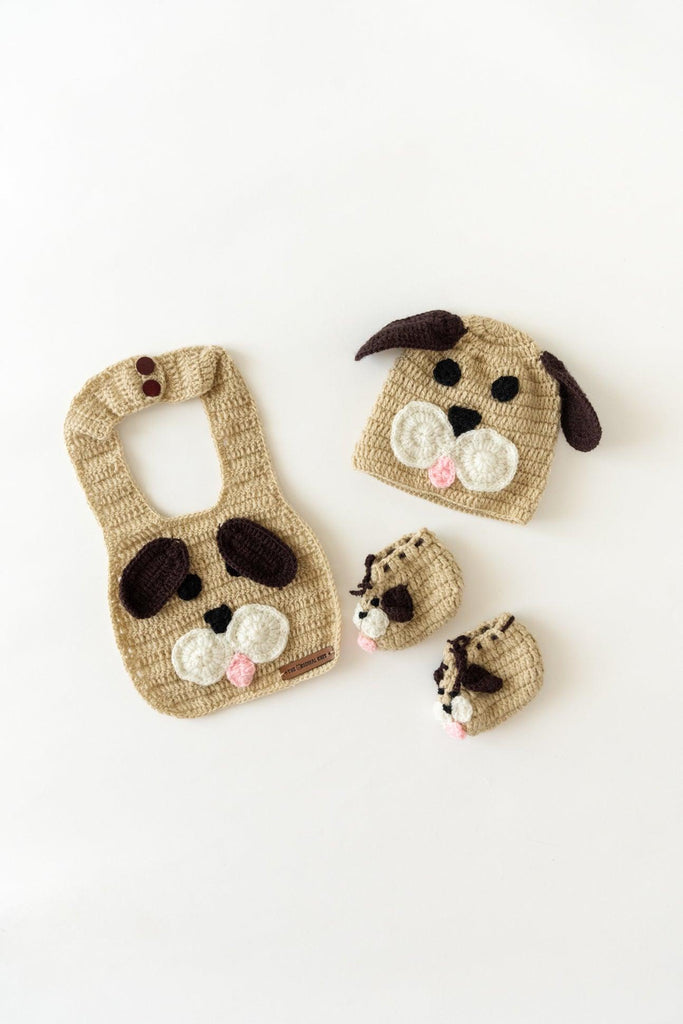 Curated Beige & Brown Cute Puppy Baby Gift Box set(Set Of 3) - The Original Knit