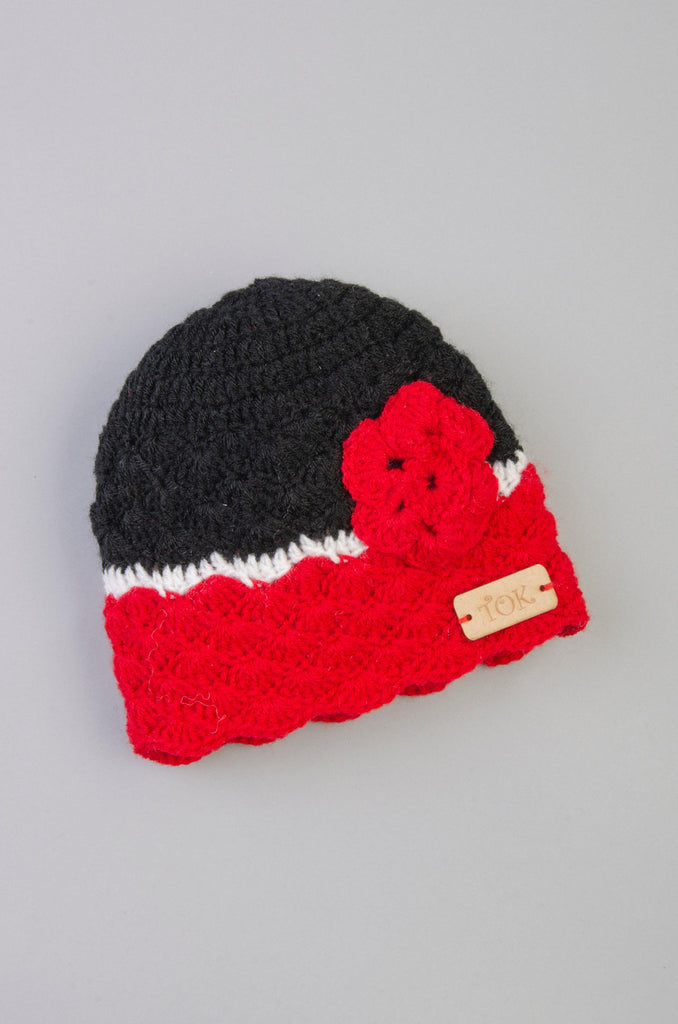 Crochet Flower Cap- Red & Black - The Original Knit