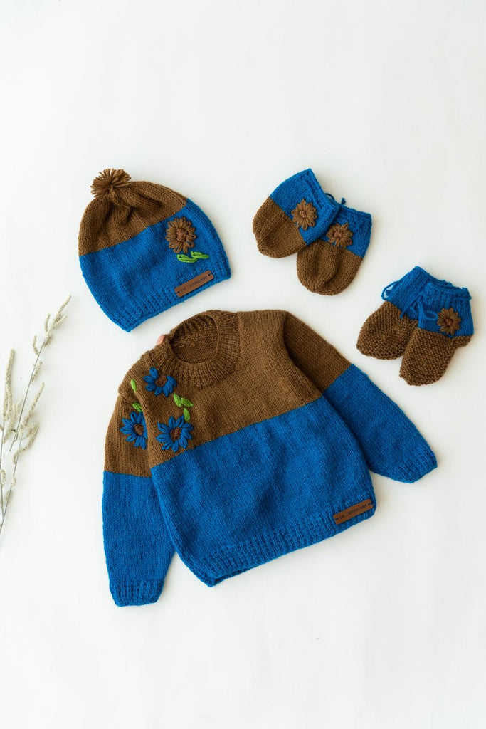Embroidered Handmade Sweater Set- Brown & Blue - The Original Knit