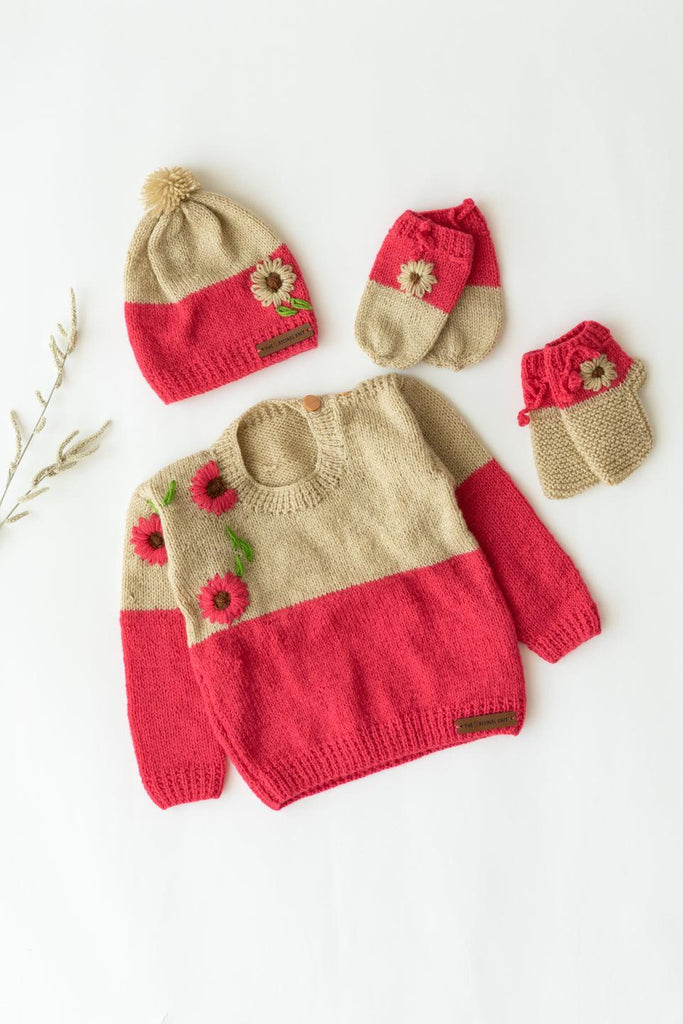 Embroidered Handmade Sweater Set- Beige & Pink - The Original Knit