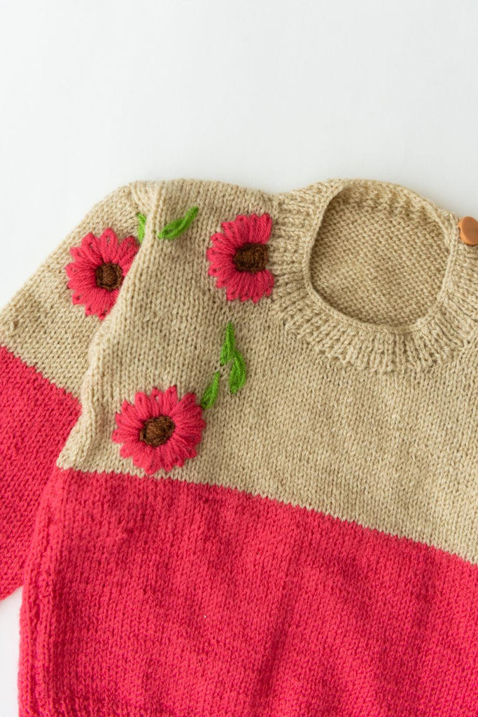 Embroidered Handmade Sweater Set- Beige & Pink - The Original Knit