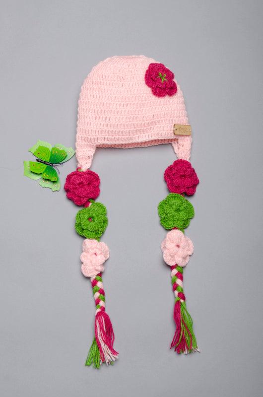 Flower on Braid Cap- Pink & Green - The Original Knit