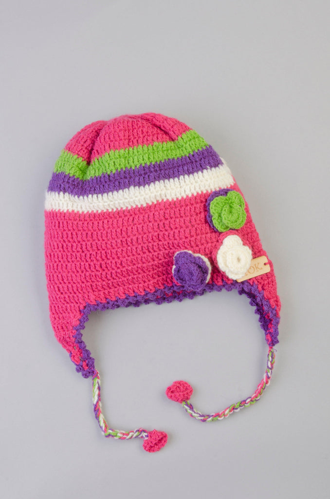 Crochet Flower Cap- Magenta & White - The Original Knit