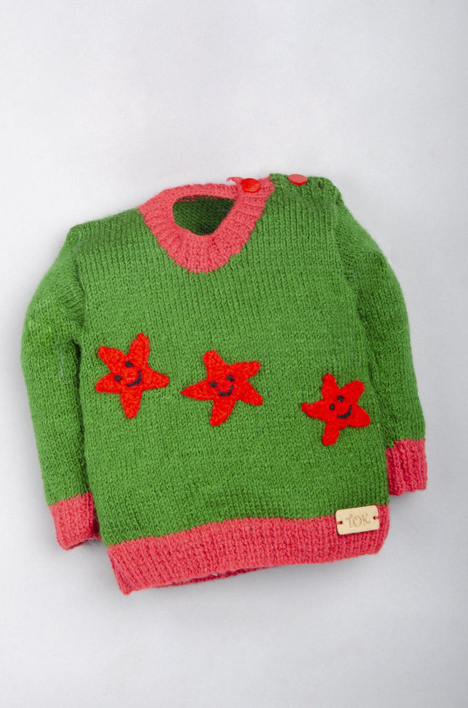 Handmade Star Studded Sweater- Green & Red - The Original Knit