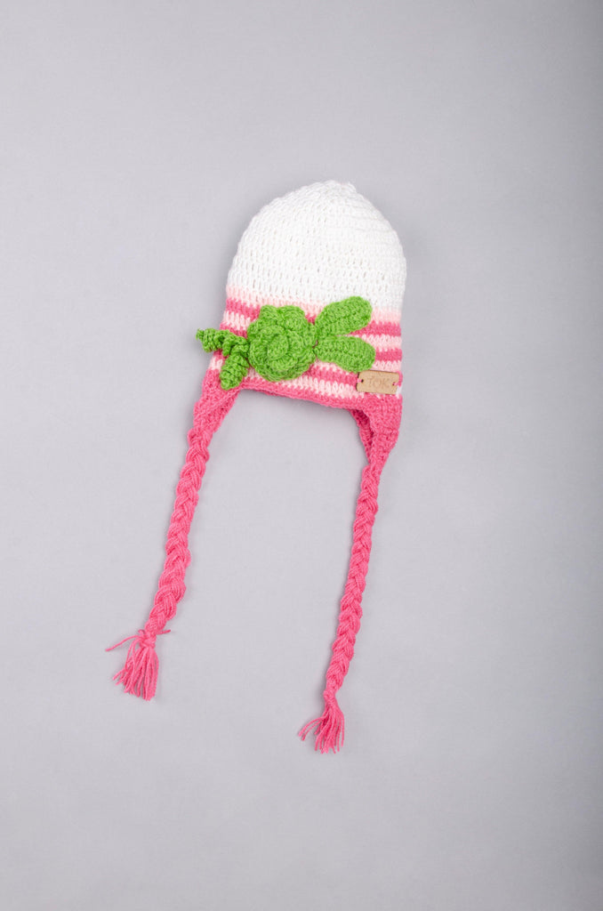 Rose Embellished Cap- White & Pink - The Original Knit