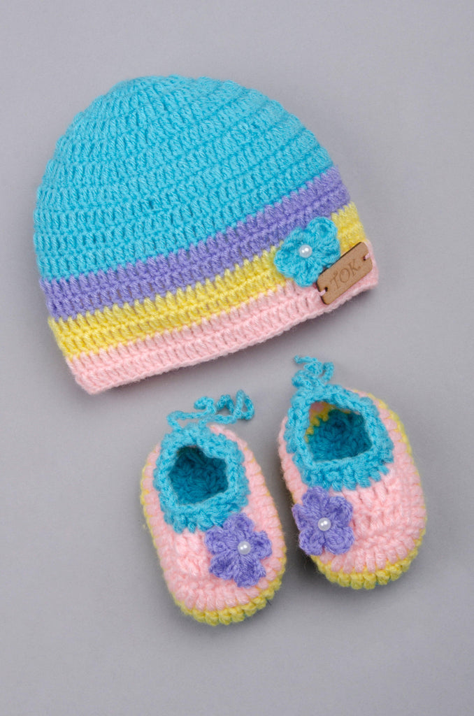 Striped Handmade Cap With Booties- Blue & Pink - The Original Knit