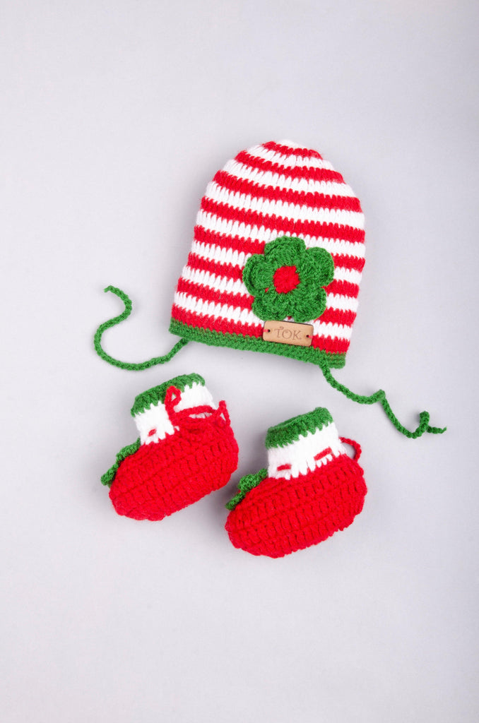 Crochet Flower Embellished Cap & Booties- Red & White
