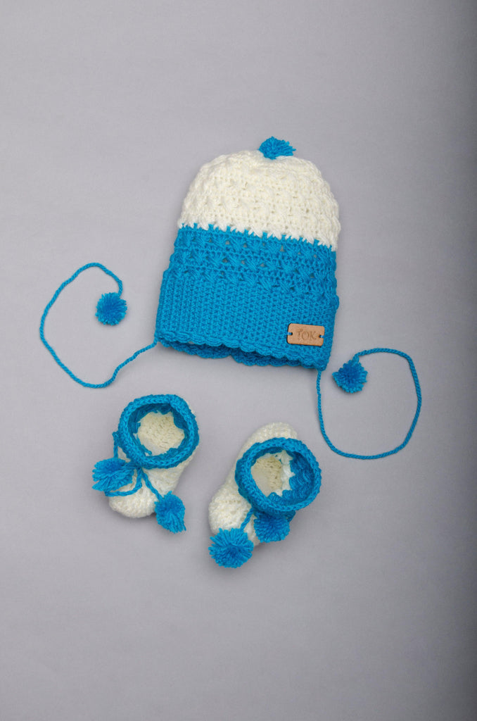Dual Shaded Handmade Cap & Booties- Blue & Off White