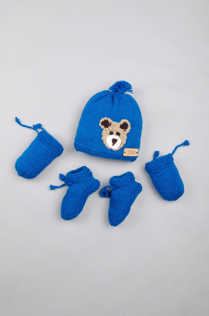 Teddy Embellished Handmade Cap, Mittens & Socks- Blue