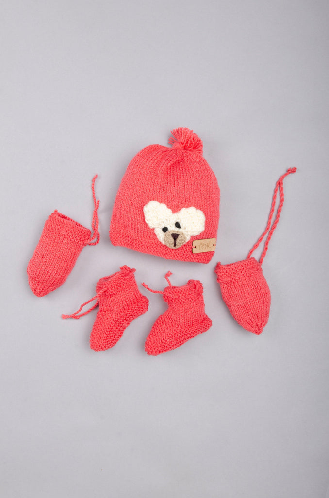 Teddy Cap, Mittens & Socks- Red