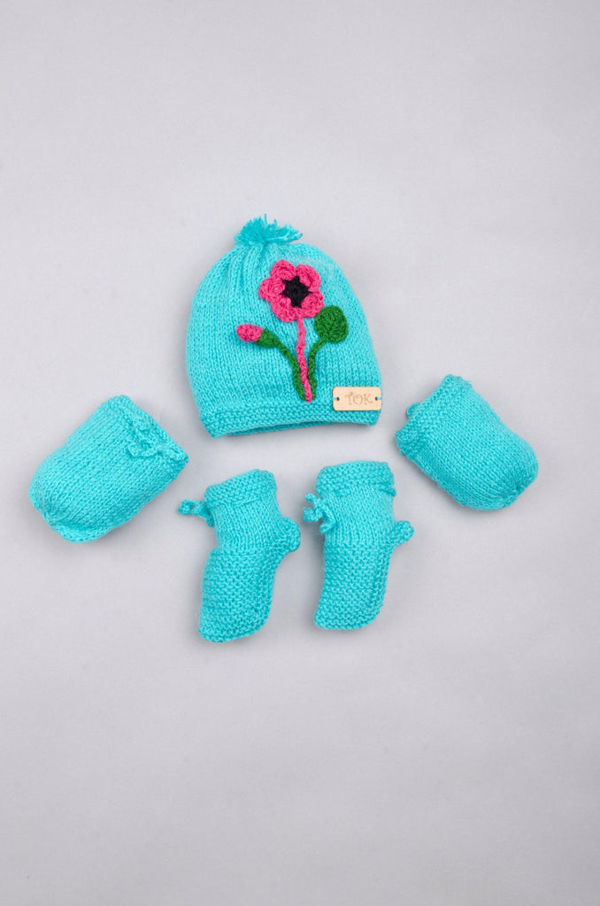 Flower Stem Cap Socks & Mittens- Turquoise