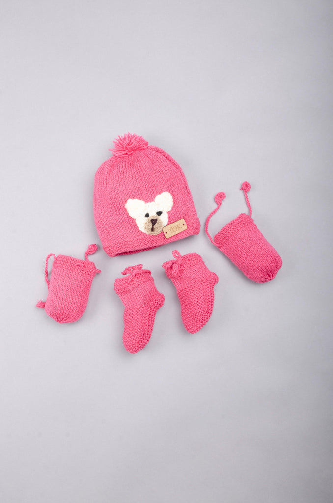 Teddy Embellished Handmade Cap with Socks & Mittens- Pink