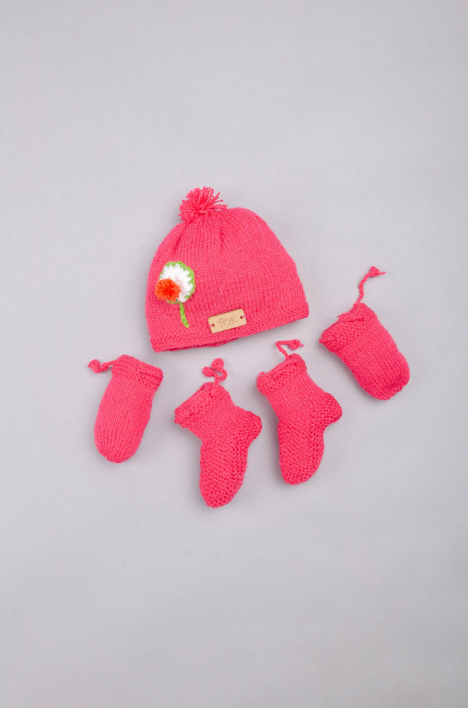 Handmade Knitted Petal Cap Socks & Mittens- Pink