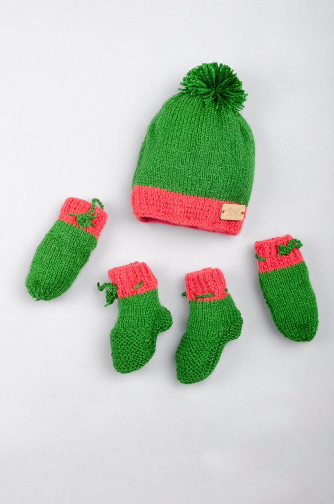 Bordered Handmade Cap, Mittens & Socks- Green & Red