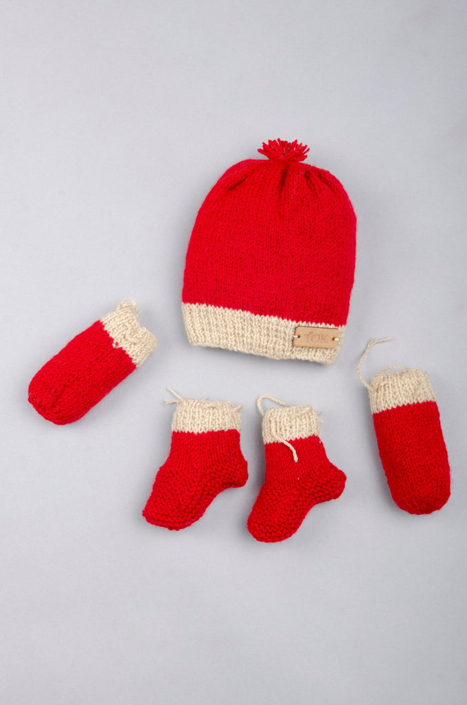 Bordered Handmade Cap, Mittens & Socks- Red & Beige