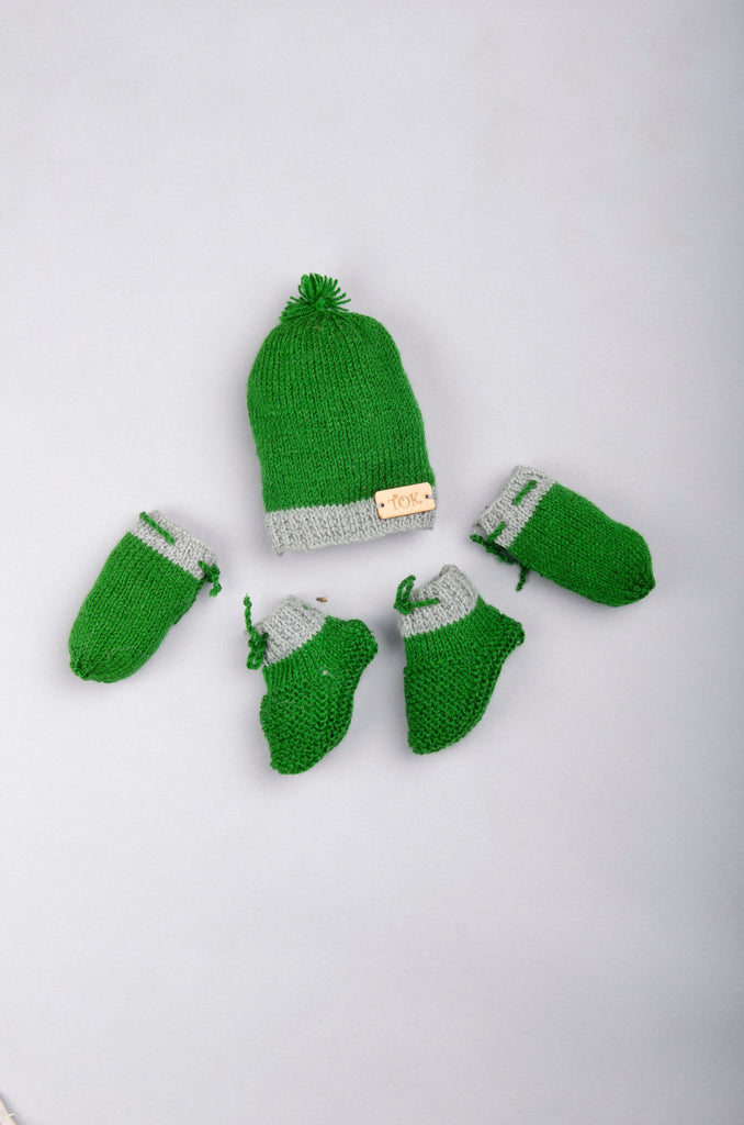 Bordered Handmade Cap, Mittens & Socks- Green & Grey