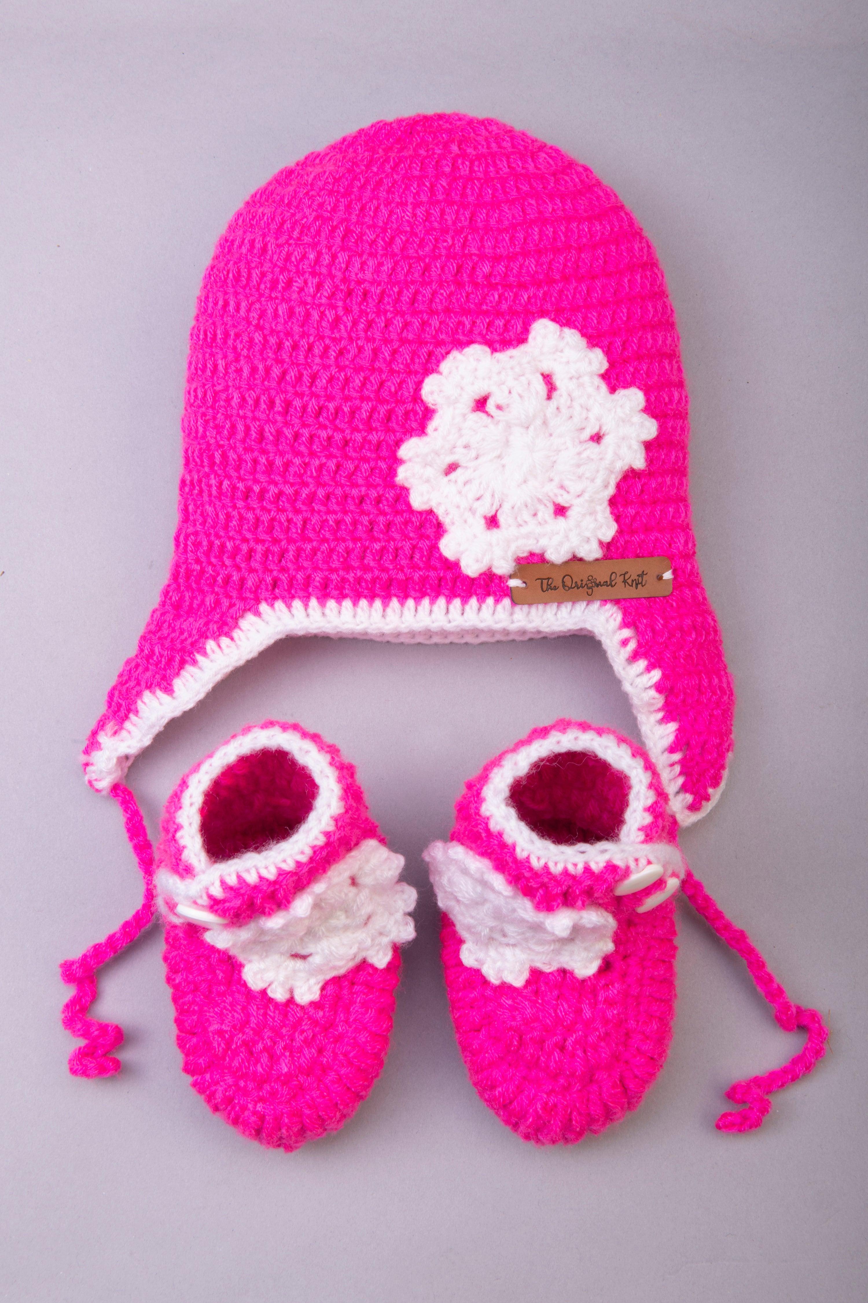 Snowflake Handmade Crochet Cap Booties- Hot Pink White – The