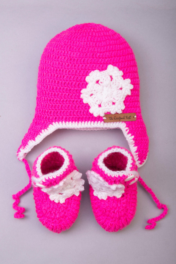 Snowflake Handmade Crochet Cap & Booties- Hot Pink & White - The Original Knit
