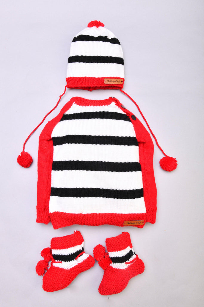 Striped Handmade Sweater Set- Red & White