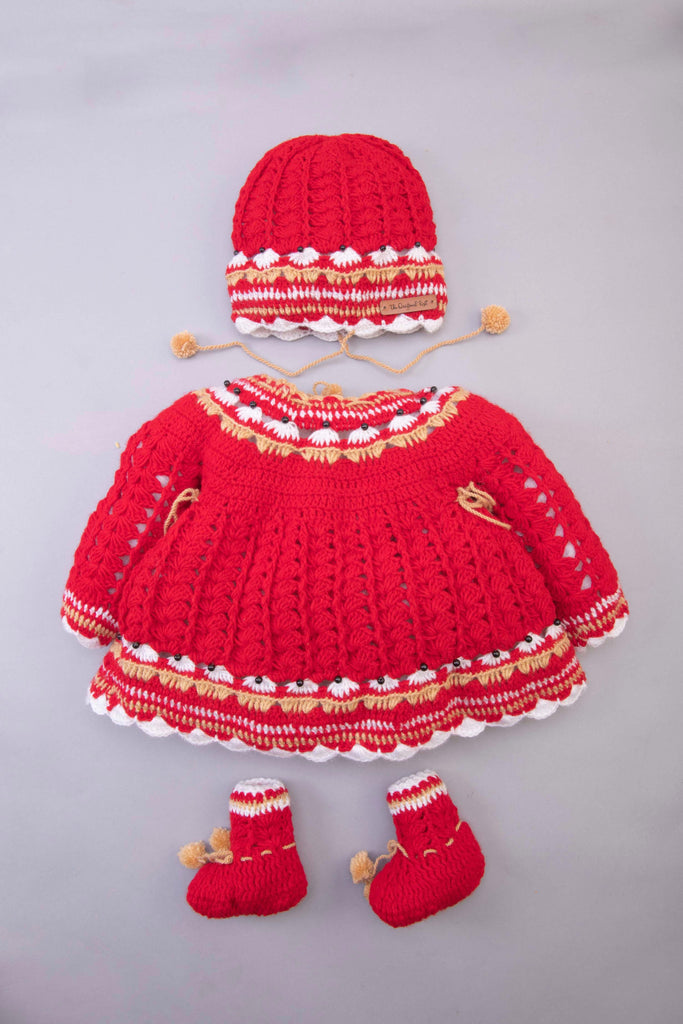 Handmade Cute Little Embellished Fit & Flare Dress Set- Red - The Original Knit