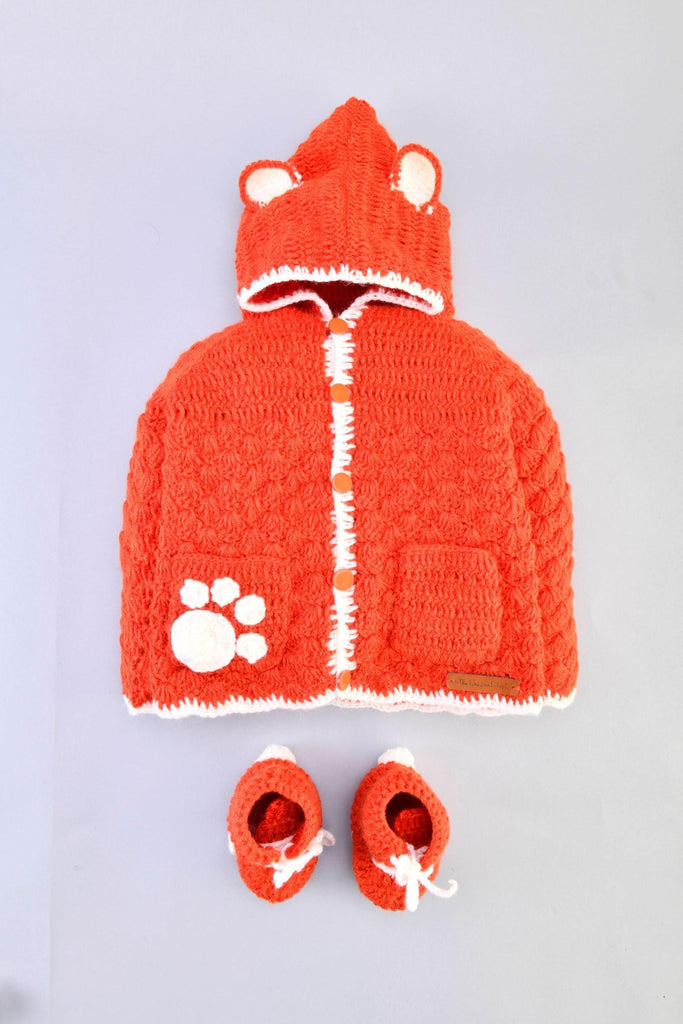 Hoodie Little Paw Sweater Set with Booties- Orange - The Original Knit