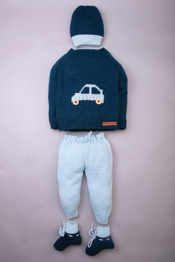 Car Sweater Set with Pyjama- Ice Blue & Dark Blue - The Original Knit