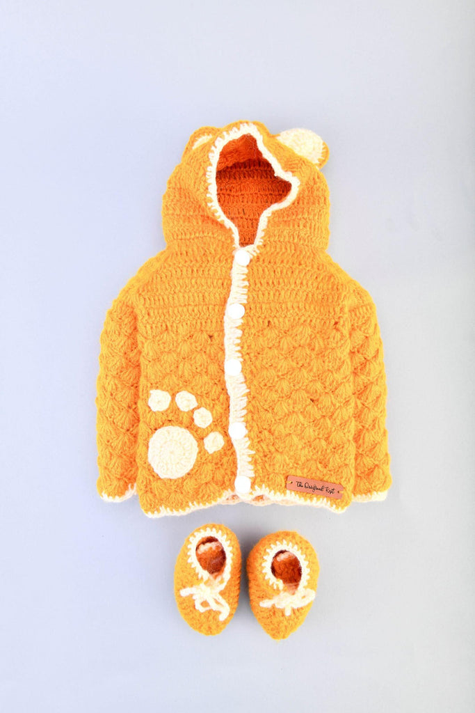 Hoodie Little Paw Sweater Set With Booties- Yellow - The Original Knit